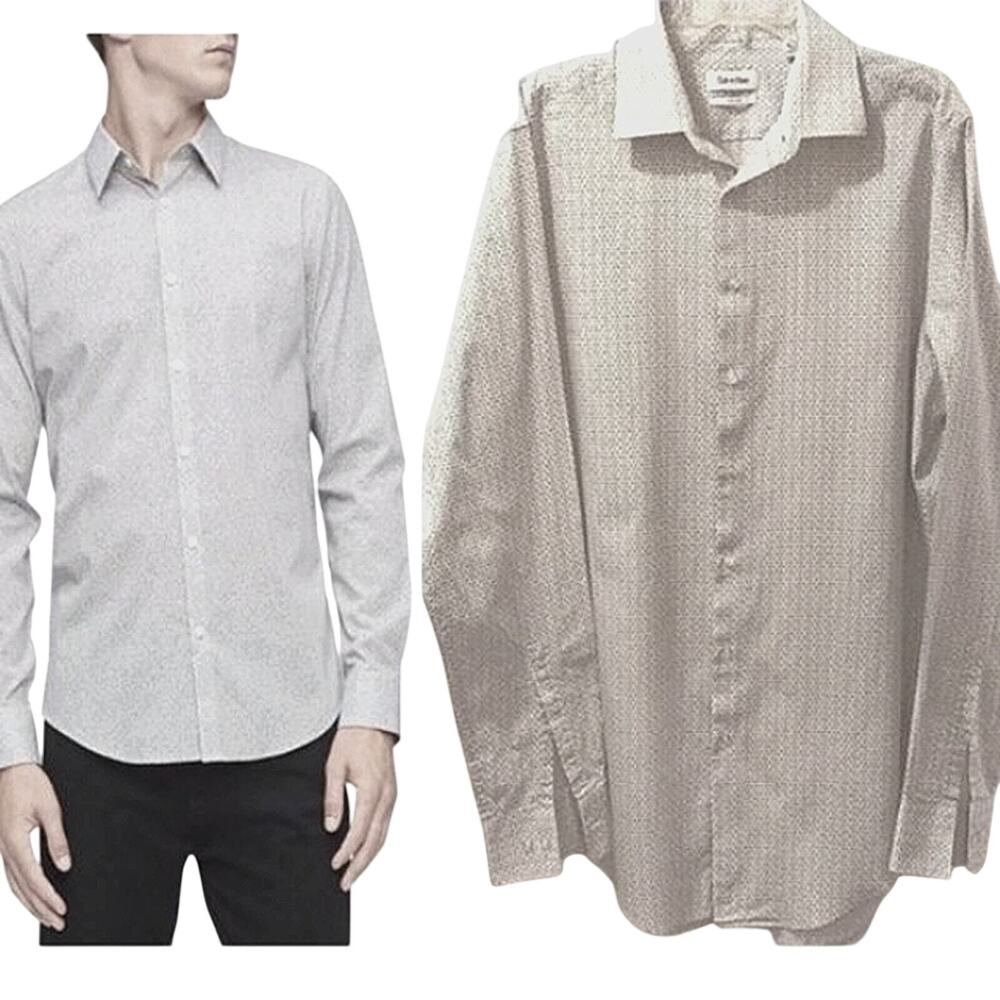 Calvin Klein Dress Shirt Sz 17 36/37 Slim Tall BLUE Long Sleeve Geometric Preppy